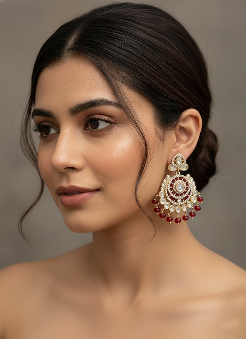 Maroon Kundan And Stones Beads Chaand Bali Festive Wear