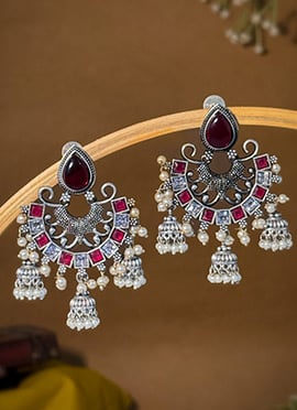 Maroon Kundan Beads Chaand Bali Jhumka Earrings For Women