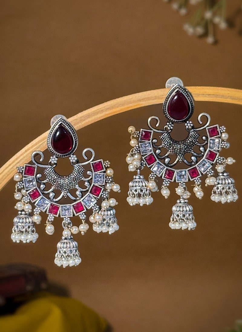 Maroon Kundan Beads Chaand Bali Jhumka Earrings For Women Festive Wear