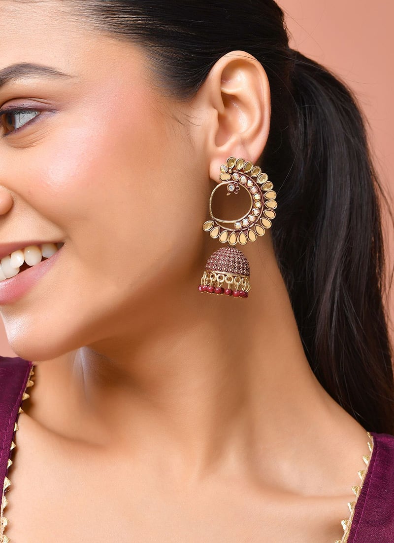 Maroon Kundan Beads Jhumka  Festive Wear