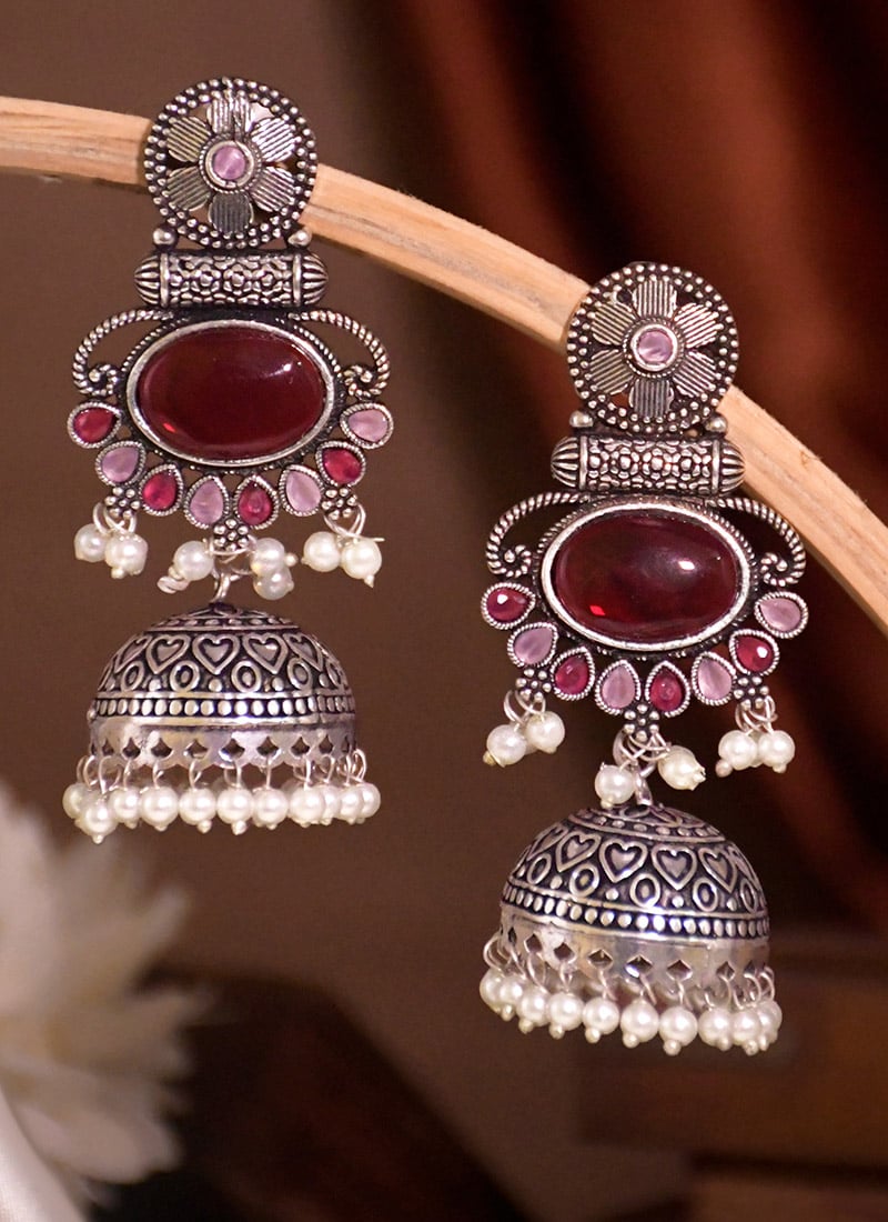 Maroon Kundan Beads Jhumka Earrings For Women Festive Wear