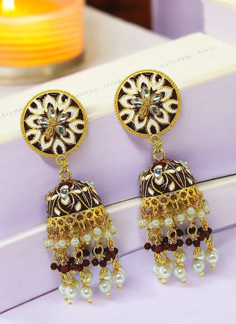 Maroon Kundan Beads Jhumka Festive Wear