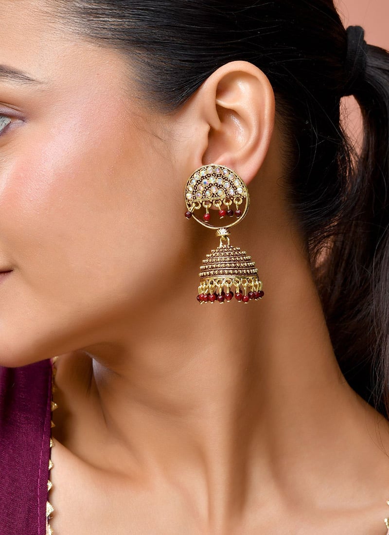 Maroon Kundan Beads Jhumka Festive Wear