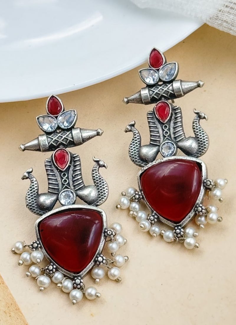 Maroon Kundan Motif Statement Dangler Earrings Festive Wear