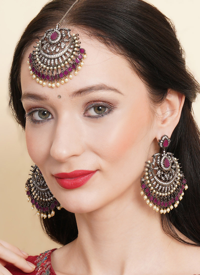 Maroon Kundan Stones And Beads Chaand Bali Festive Wear