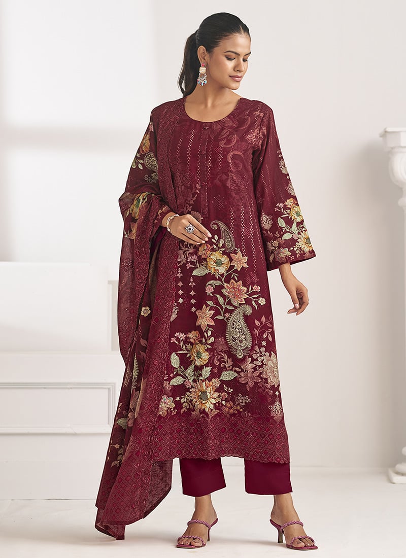 Maroon Lawn Cotton Digital Print Straight Pant Suit After Six Wear