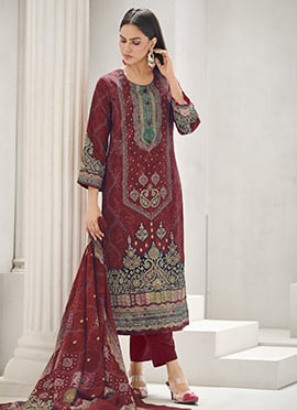 Maroon Lawn Cotton Digital Print Straight Pant Suit