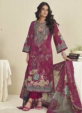 Maroon Lawn Cotton Digital Print Thread Straight Pant Suit