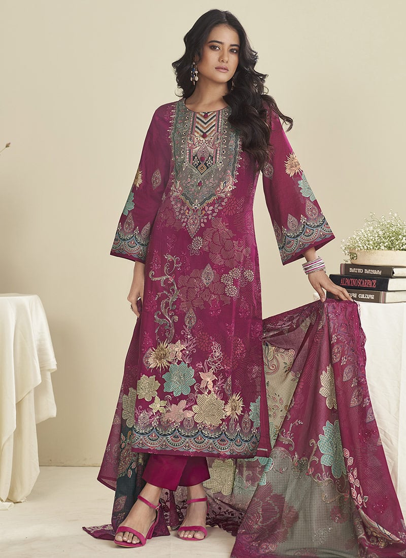 Maroon Lawn Cotton Digital Print Thread Straight Pant Suit After Six Wear