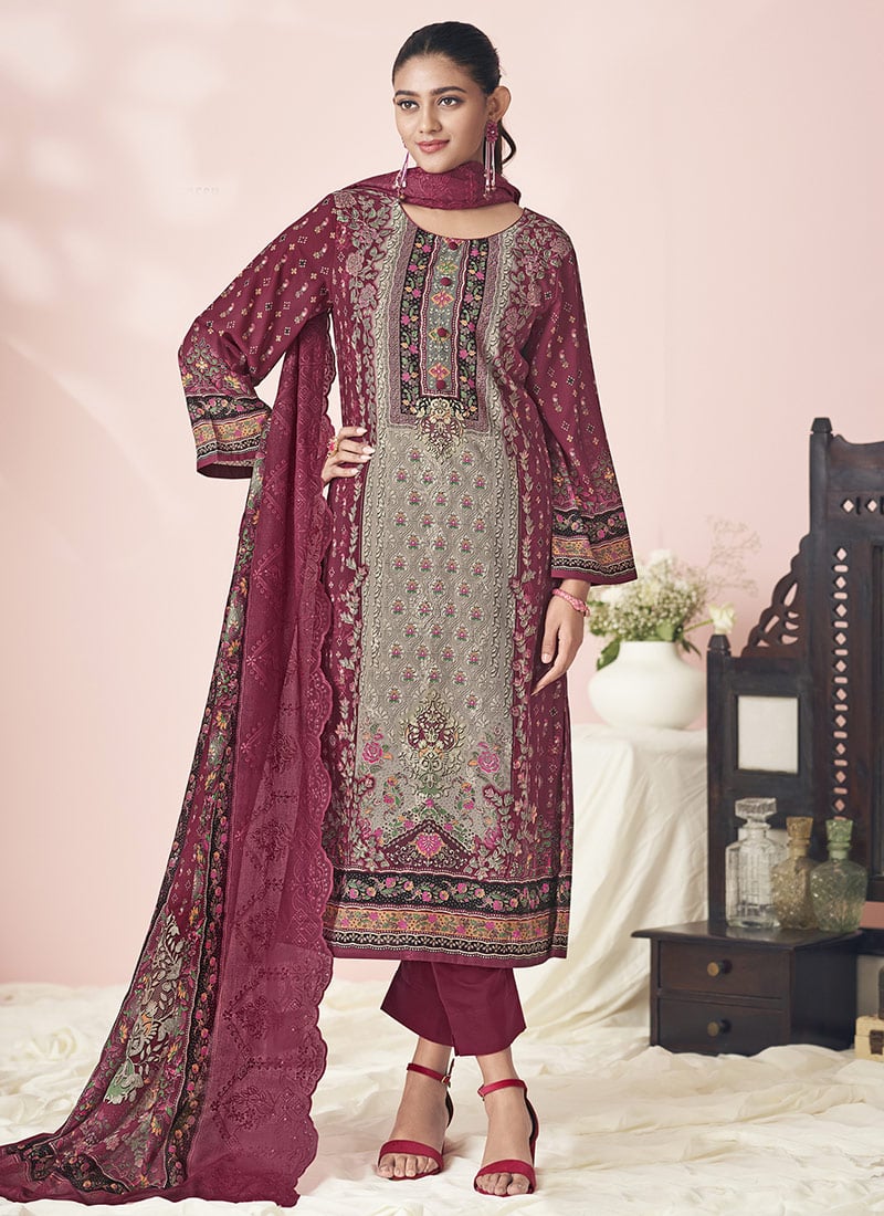 Maroon Lawn Cotton Embroidered And Digital Print Pakistani Suit Festive Wear