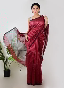 Maroon Linen Zari Striped Saree