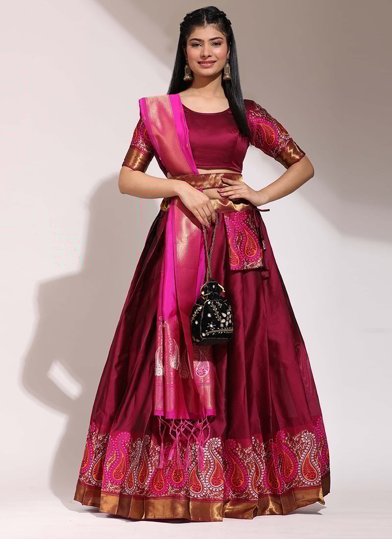 Maroon Litchi Silk Zari Jacquard Lehenga Festive Wear