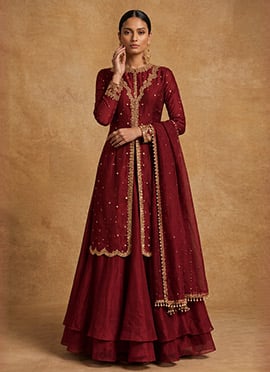 Maroon Long Choli Lehenga Scalloped Silk Zari Sequins Hand Embroidered