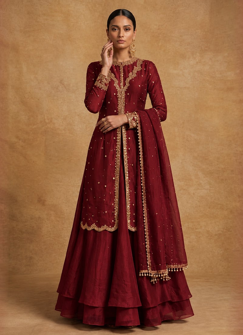 Maroon Long Choli Lehenga Scalloped Silk Zari Sequins Hand Embroidered Wedding Wear