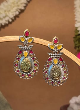 Maroon Lotus Engraved Kundan Dangler Earrings