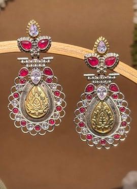Maroon Lotus Engraved Kundan Dangler Earrings