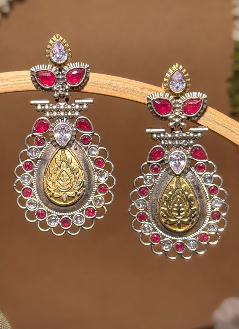 Maroon Lotus Engraved Kundan Dangler Earrings Festive Wear