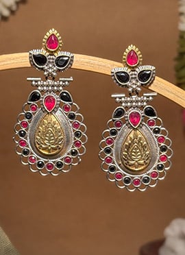 Maroon Lotus Engraved Kundan Dangler Earrings