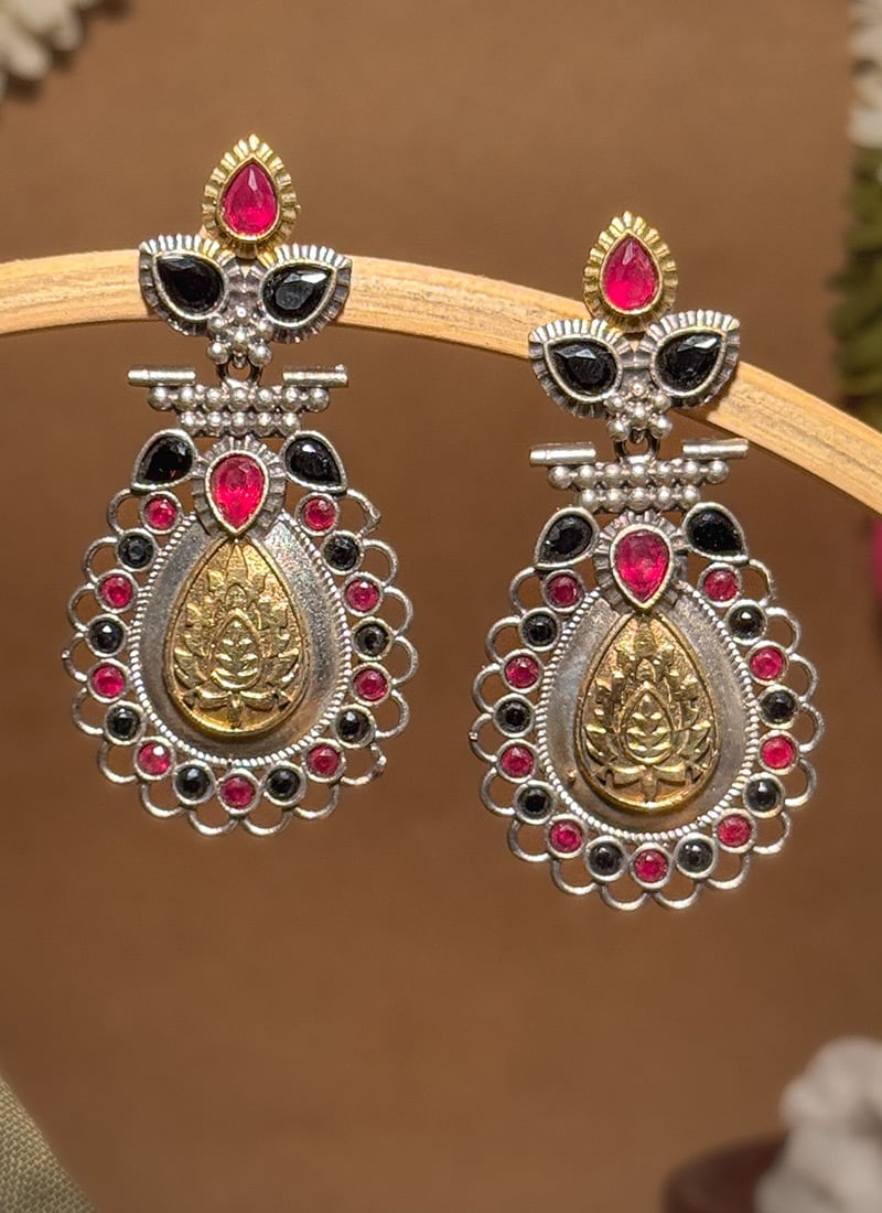 Maroon Lotus Engraved Kundan Dangler Earrings Festive Wear
