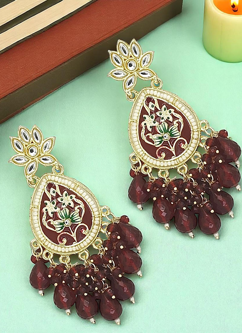 Maroon Meenakari Beads Kundan And Moti Adorned Danglers Festive Wear