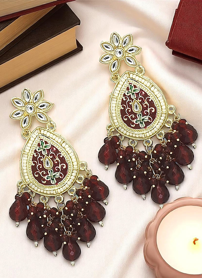 Maroon Meenakari Beads Kundan And Moti Adorned Danglers Festive Wear