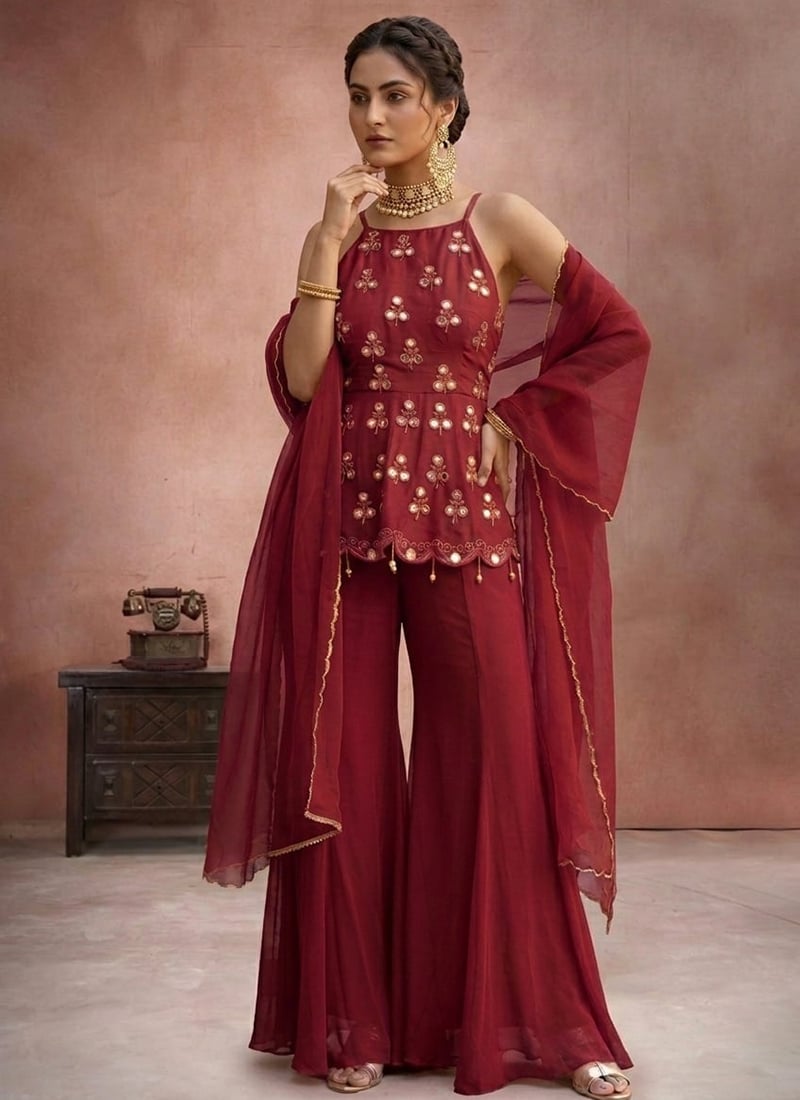 Maroon Mirror Work With Zari Silk Palazzo Suit Festive Wear