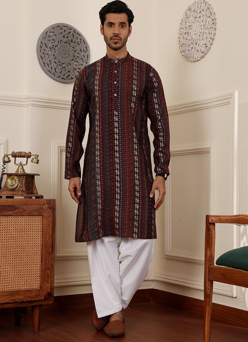 Maroon Modal Silk Printed Kurta Pyjama