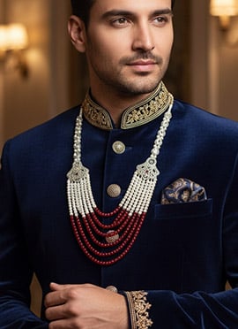 Maroon Moti Kundan And Moti With Stone Men Necklace