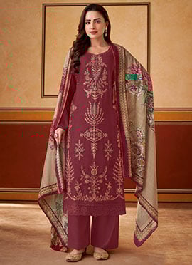 Maroon Muslin Digital Print Embroidered Pakistani Straight Pant Suit