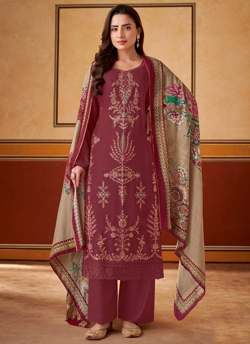Maroon Muslin Digital Print Embroidered Pakistani Straight Pant Suit Festive Wear