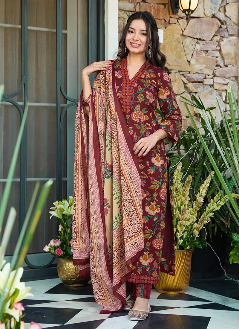 Maroon Muslin Digital Print Straight Pant Suit After Six Wear