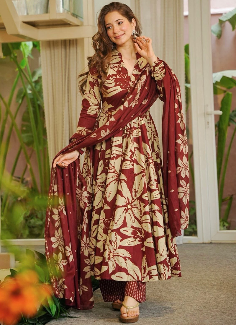 Maroon Muslin Floral Printed Anarkali Suit After Six Wear