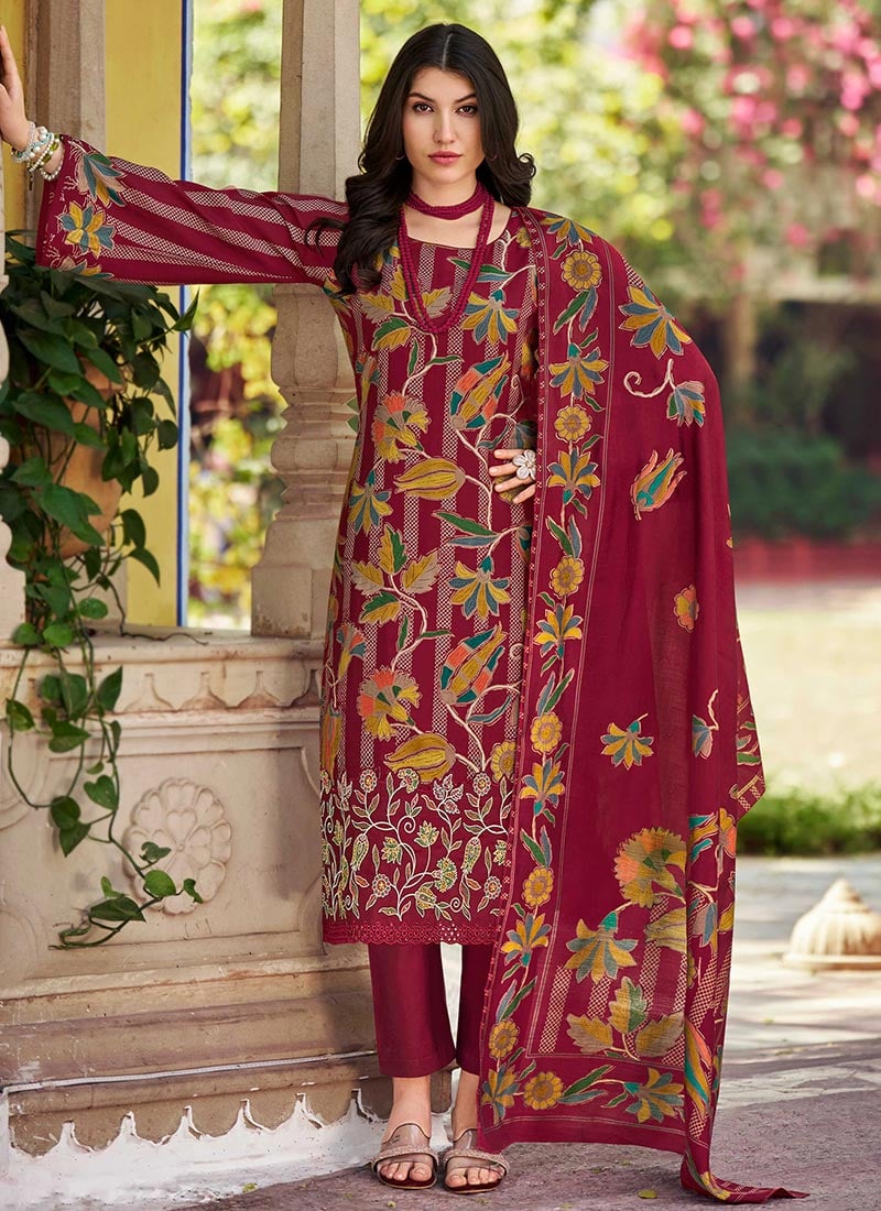 Maroon Muslin Thread Embroidered And Floral Print Straight Pant Suit After Six Wear