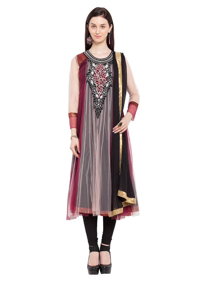 Maroon N Cream Net Embroidered Anarkali Suit