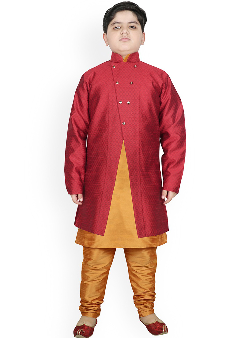 Maroon N Gold Dupion Silk Boys Kurta Pyjama Festive Wear