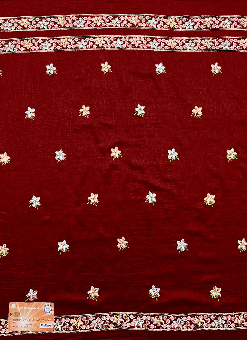 Maroon Art Silk Embroidered Fabric
