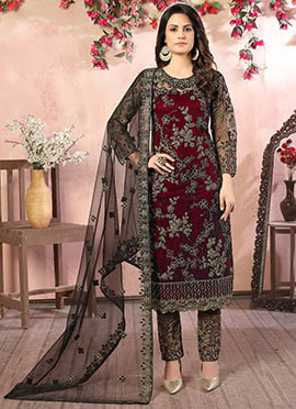 Maroon Net Embroidered Straight Pant Suit