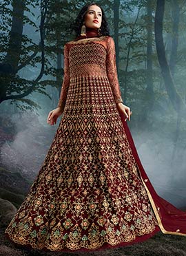 Maroon Net Long Choli A Line Lehenga