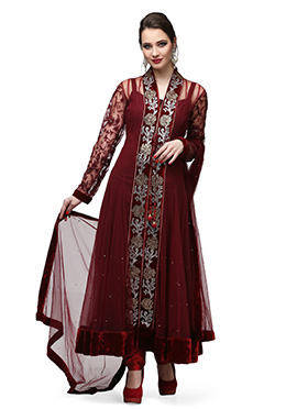 Maroon Net Stone Work Velvet Border Anarkali Suit