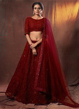 Maroon Net Umbrella Lehenga