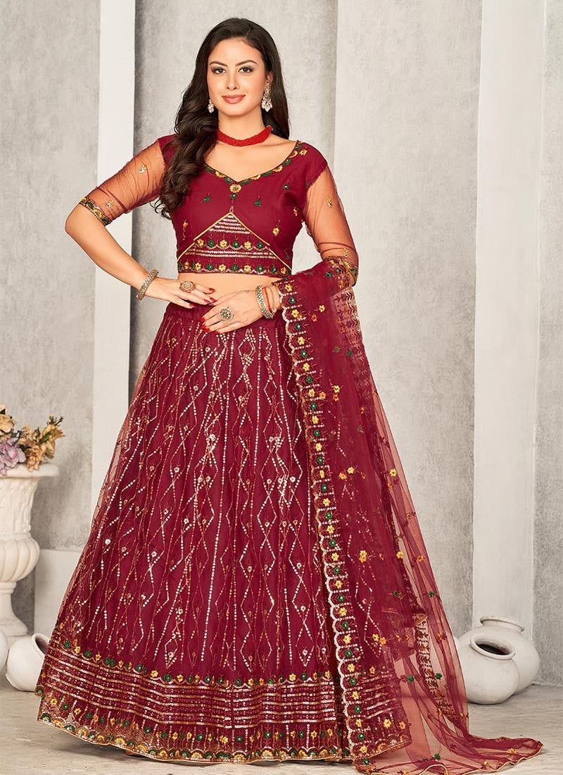 Maroon Net Wedding Umbrella Lehenga Embossed With Embroidery Party Wear