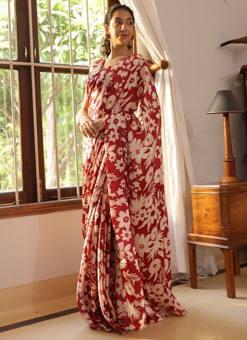 Maroon Nylon Digital Floral Print Saree