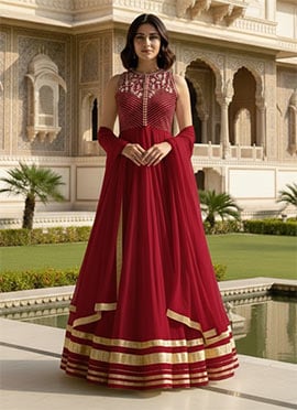 Maroon Organza Beads Work A line Anarkali Suit