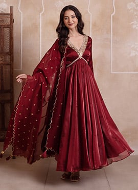 Maroon Organza Embroidered Anarkali Suit