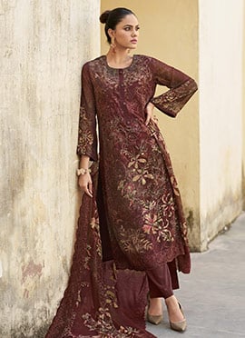 Maroon Organza Embroidered Sequins And Digital Print Straight Pant Suit