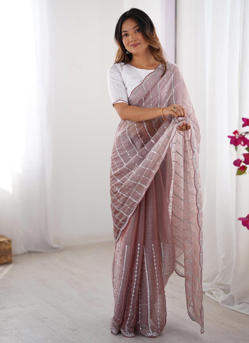 Maroon Organza Embroidered Sequins Saree Festive Wear