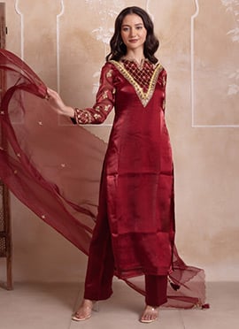 Maroon Organza Embroidered Straight Suit