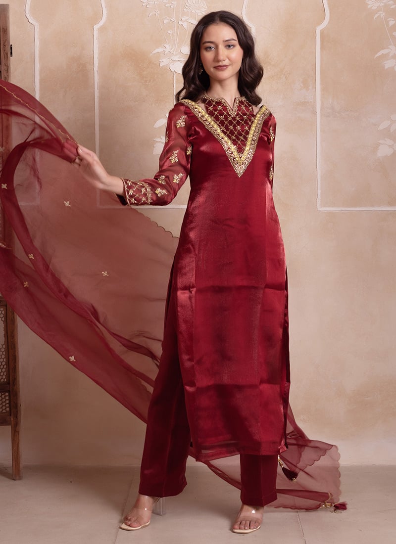 Maroon Organza Embroidered Straight Suit After Six Wear