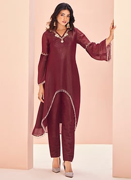 Maroon Organza Hand Work With Angel Sleeves Kurta Straight Pant Set