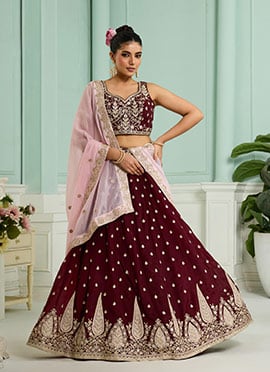 Maroon Organza Sequins Stones Embroidered Cut Work Umbrella Lehenga Wedding Wear